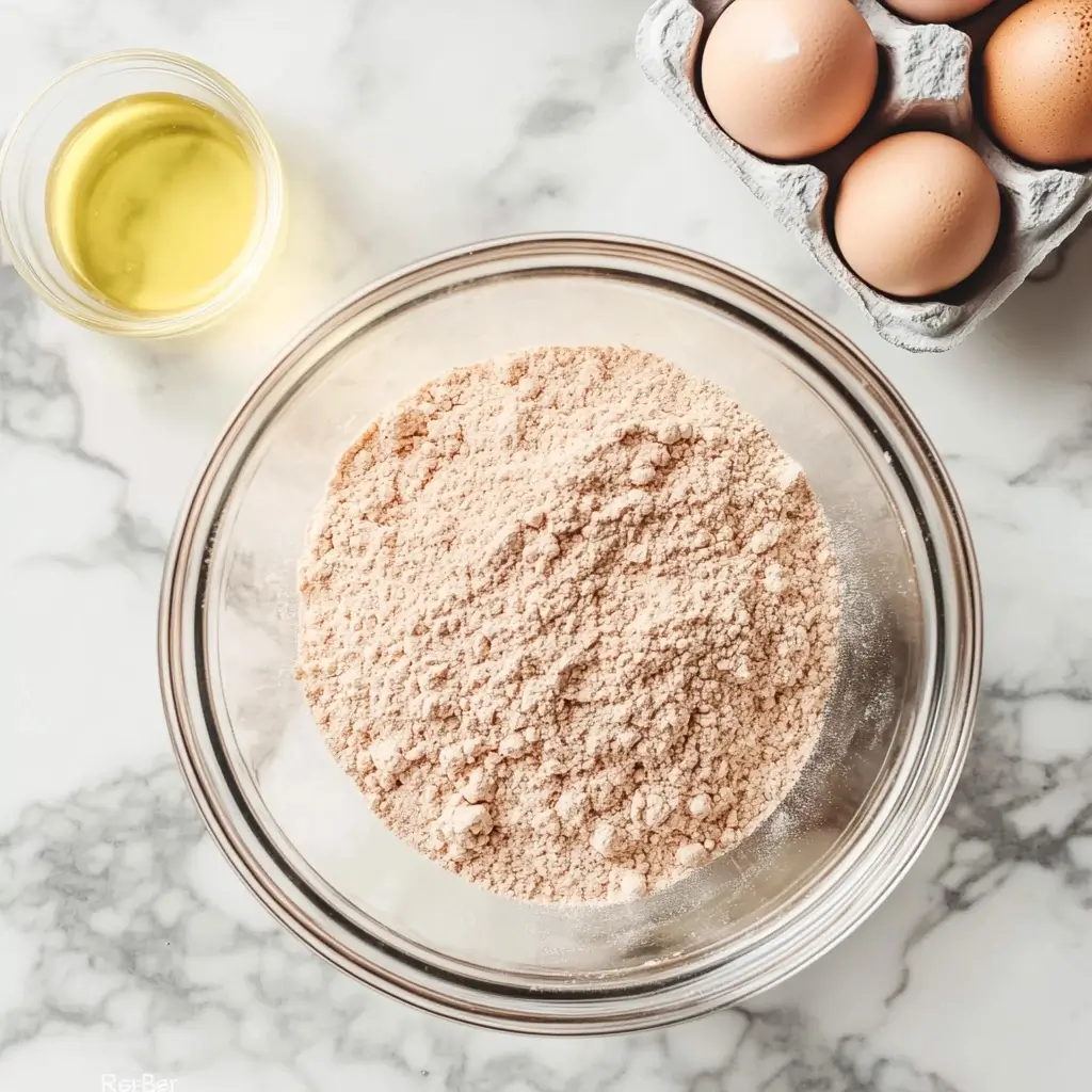 Bowl of flour, eggs, and oil on a marble countertop.