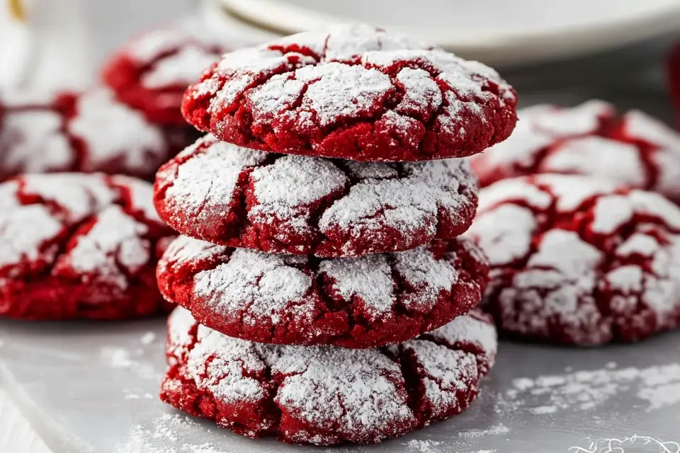 Stack of Red Velvet Cake Cookies dusted with powdered sugar.