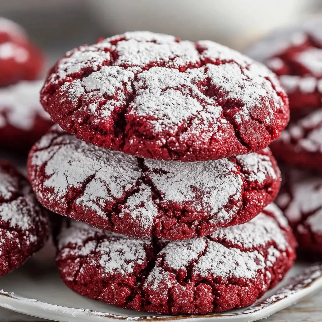 Stack of red velvet crinkle cookies with powdered sugar.