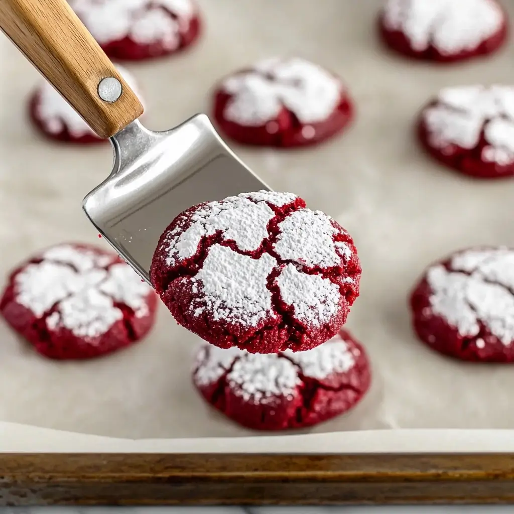 Red velvet crinkle cookie being lifted from a baking tray with a spatula.