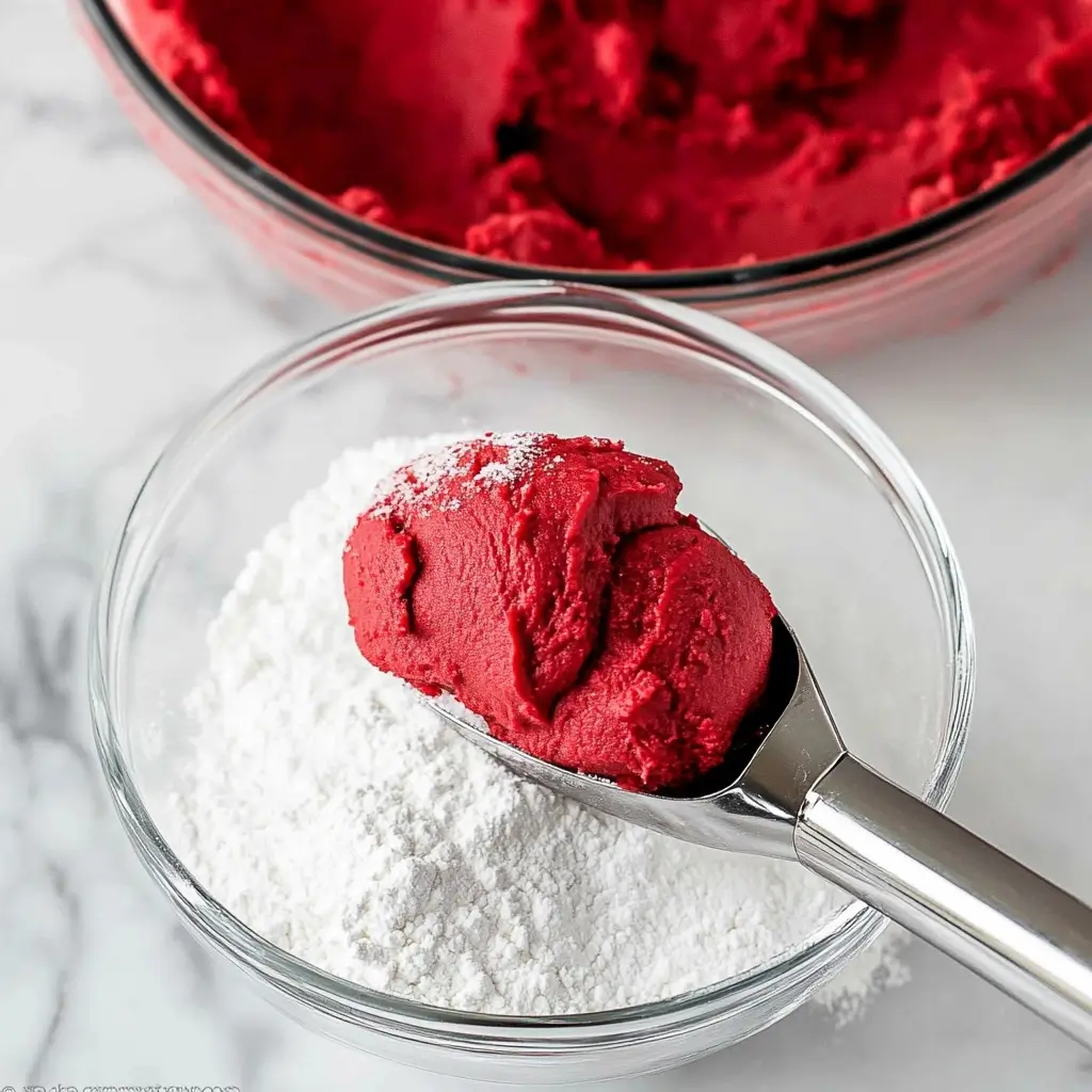 Red velvet cookie dough being scooped with a spoon and dipped in powdered sugar.