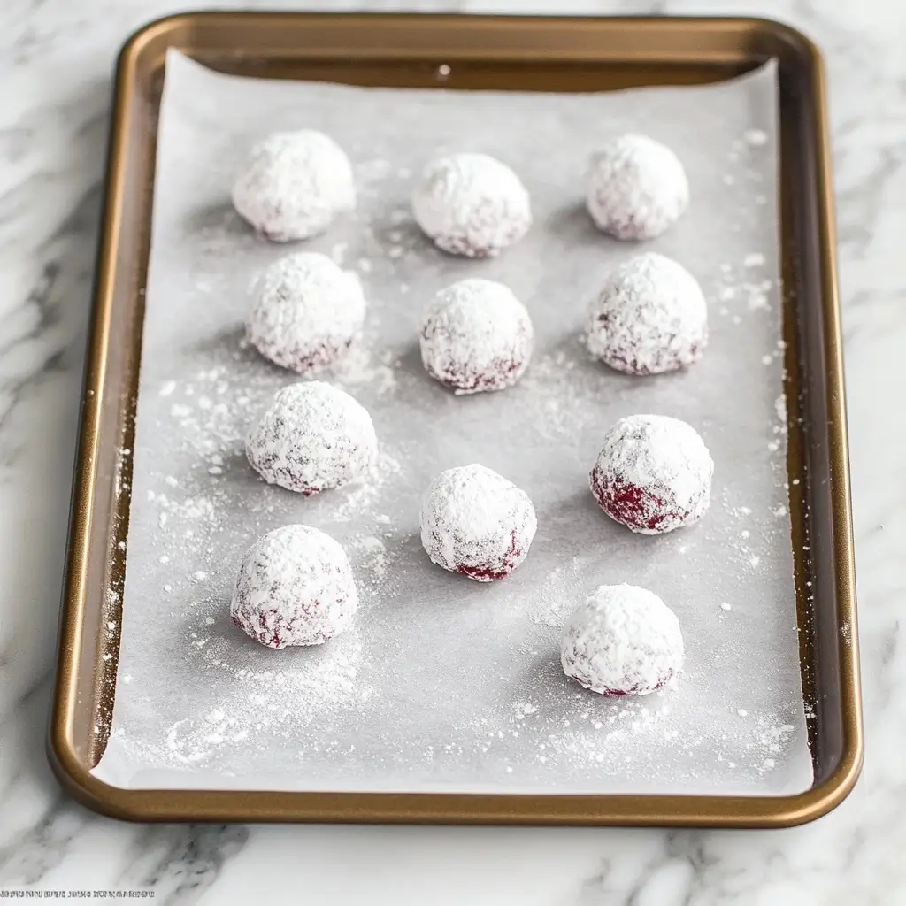 Red velvet cookie dough balls covered in powdered sugar on a baking sheet.