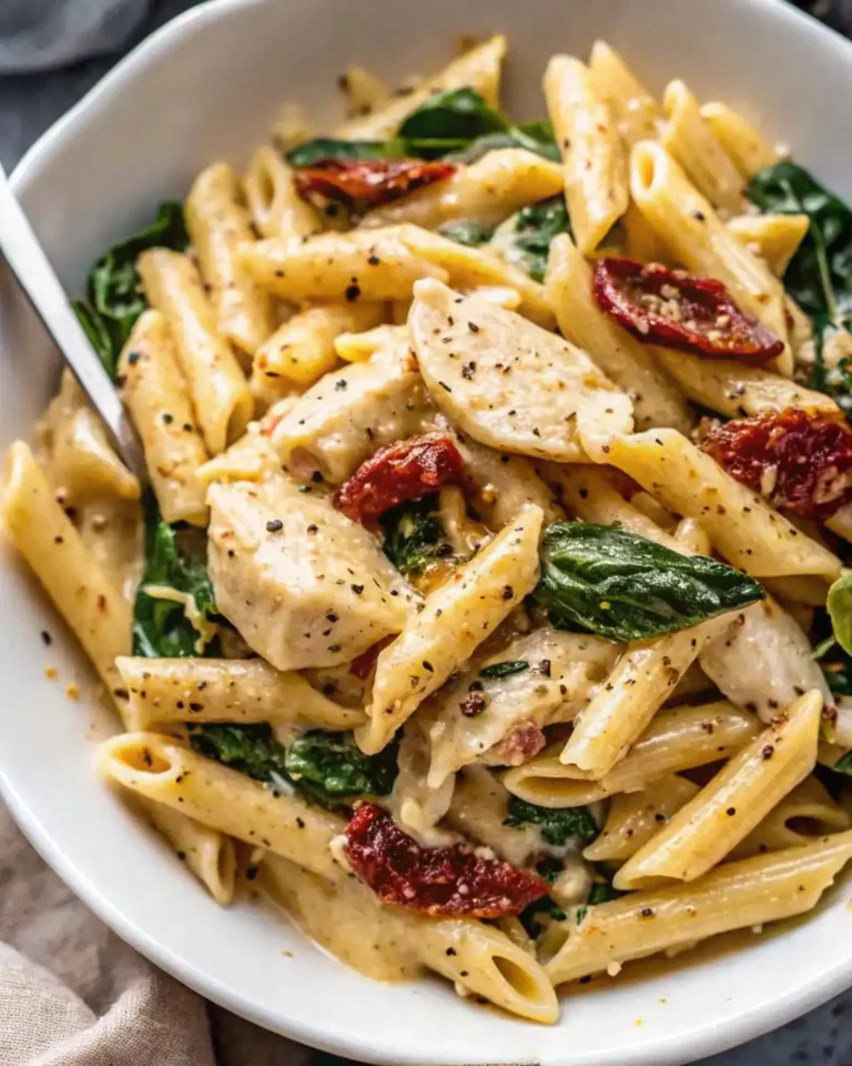 A bowl of "Marry Me Chicken Pasta" with grilled chicken, spinach, sun-dried tomatoes, and creamy sauce.