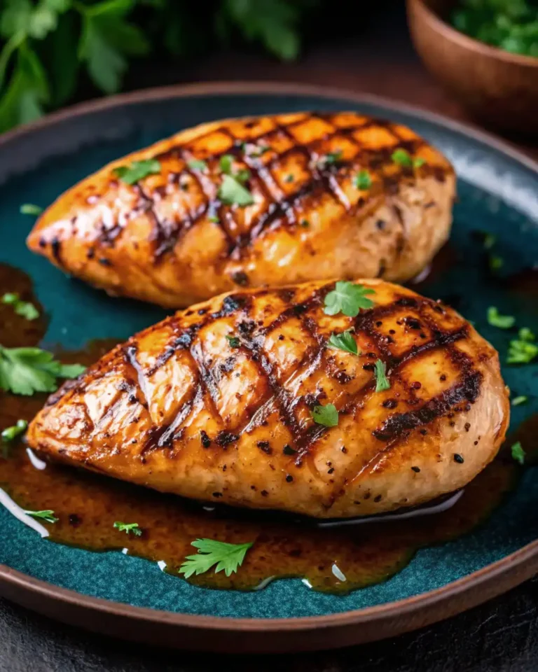 Grilled chicken breasts with perfect grill marks and fresh parsley garnish on a blue plate.