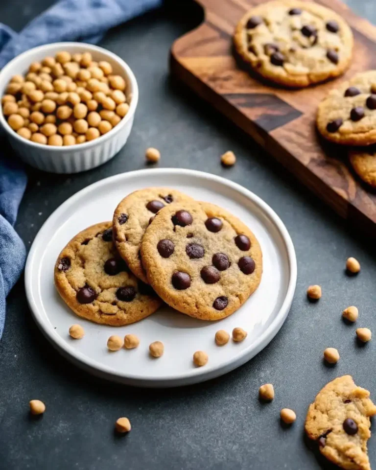 A plate of freshly baked chocolate chip cookies, with chickpeas and chocolate chips scattered around the plate and a bowl of chickpeas and chocolate chips in the background.