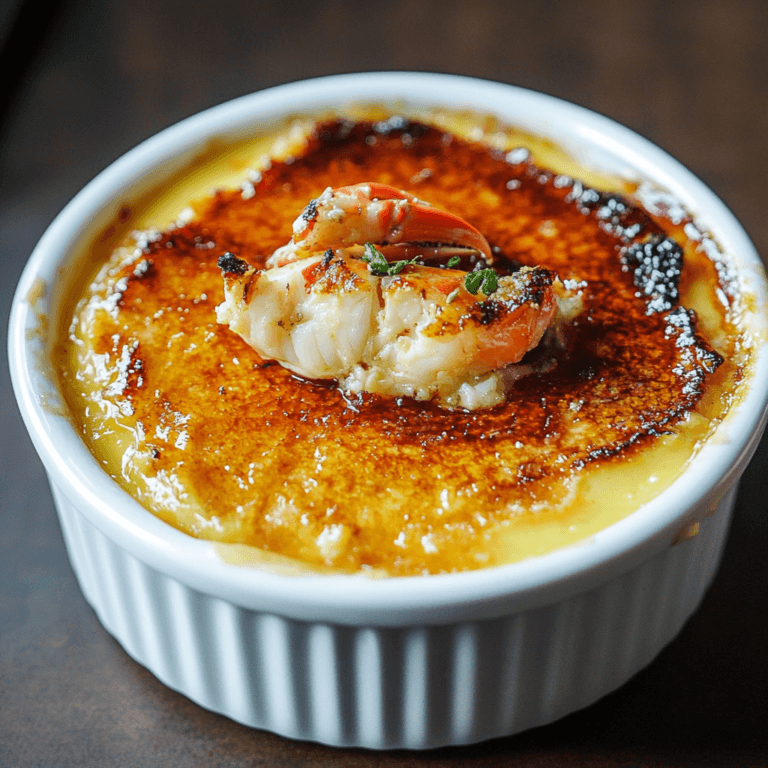 A ramekin of crab brulee with a golden caramelized top, topped with a grilled shrimp and garnished with a small herb.