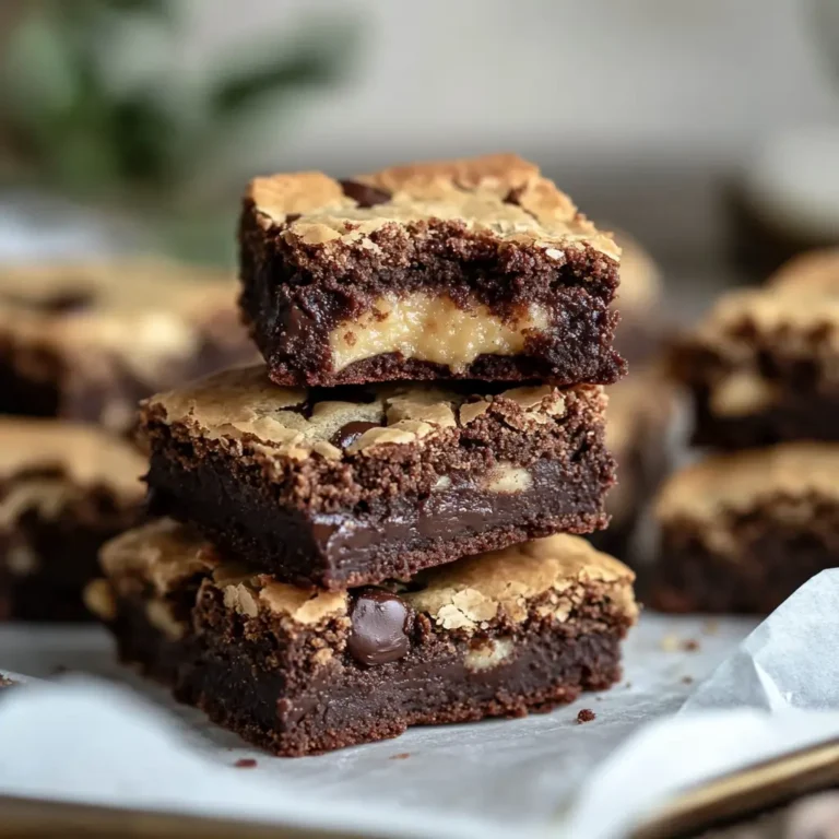 A stack of brookies with a gooey center, showcasing the chocolate chip and brownie layers.
