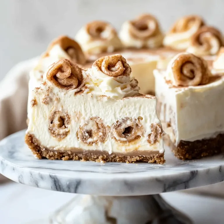 A slice of cinnamon roll cheesecake with cinnamon swirl details, topped with whipped cream rosettes, on a marble cake stand.