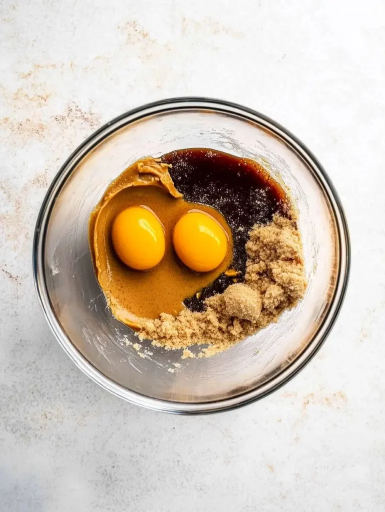 Eggs, peanut butter, brown sugar, and vanilla extract in a bowl.