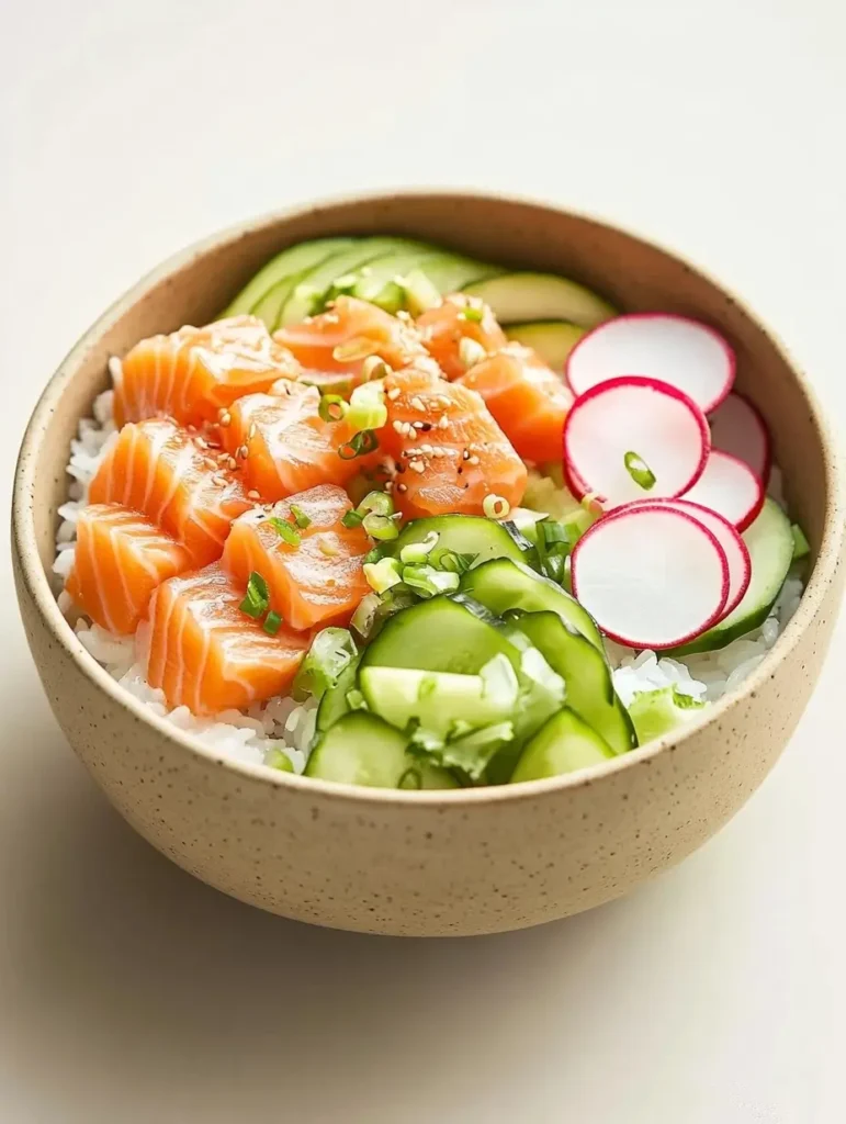 Salmon poke bowl with rice, cucumber, radishes, and sesame seeds.