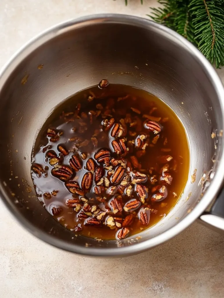 Pecan pieces mixed with syrup in a bowl.