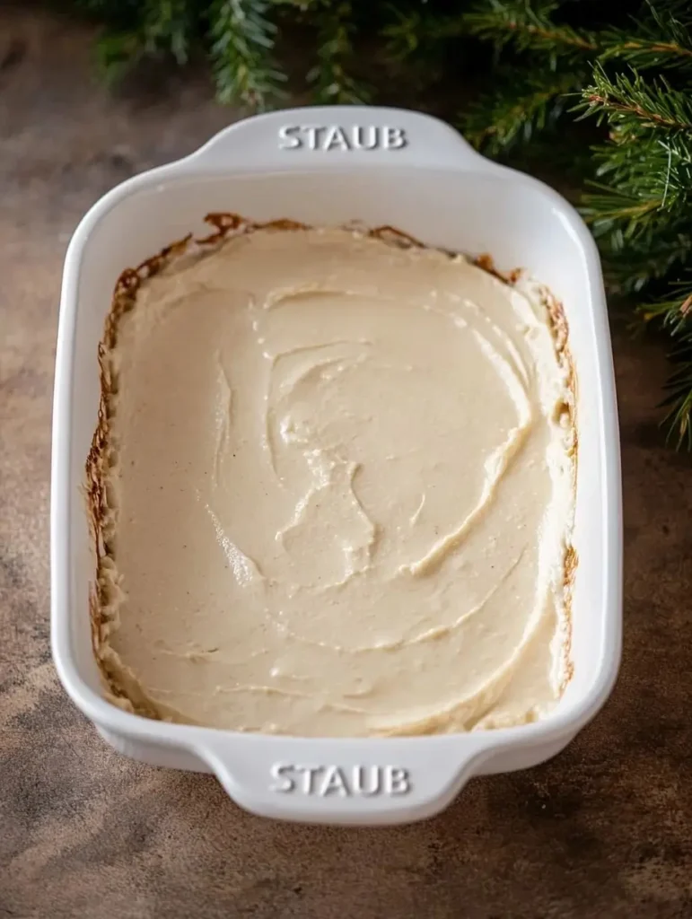 Creamy filling spread in a baking dish.