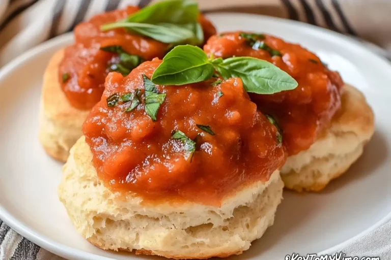Biscuits topped with tomato gravy and fresh basil leaves.