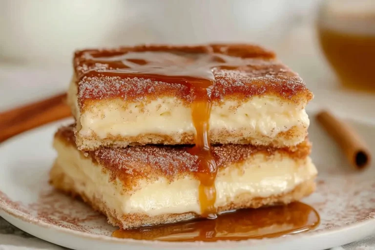 stacked churro cheesecake slices with a drizzle of caramel sauce and cinnamon sugar.