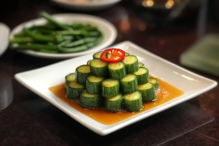 A plate of stacked cucumbers drizzled with sauce, garnished with red chili slices.