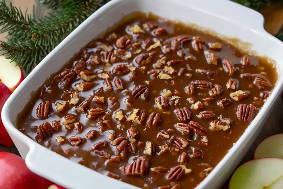 Pecan pieces scattered on a caramel sauce in a baking dish.