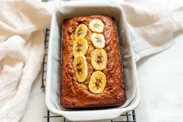 Freshly baked 4-ingredient banana bread with banana slices on top, cooling on a wire rack.