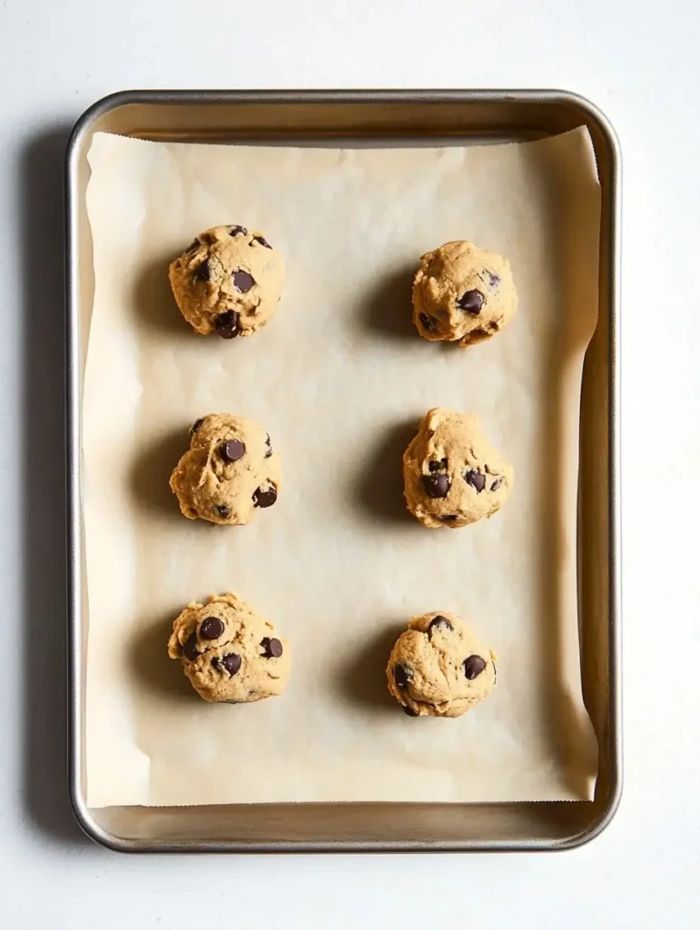 Raw protein cookie recipe dough balls on a baking tray.