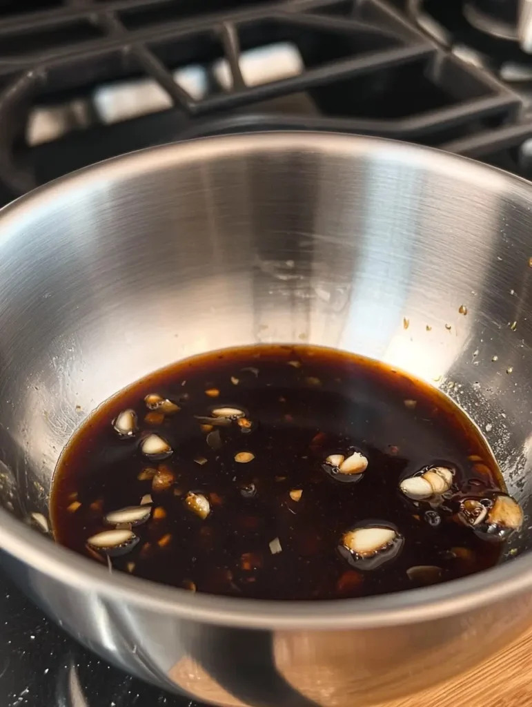 Soy sauce and garlic mixture in a silver bowl.