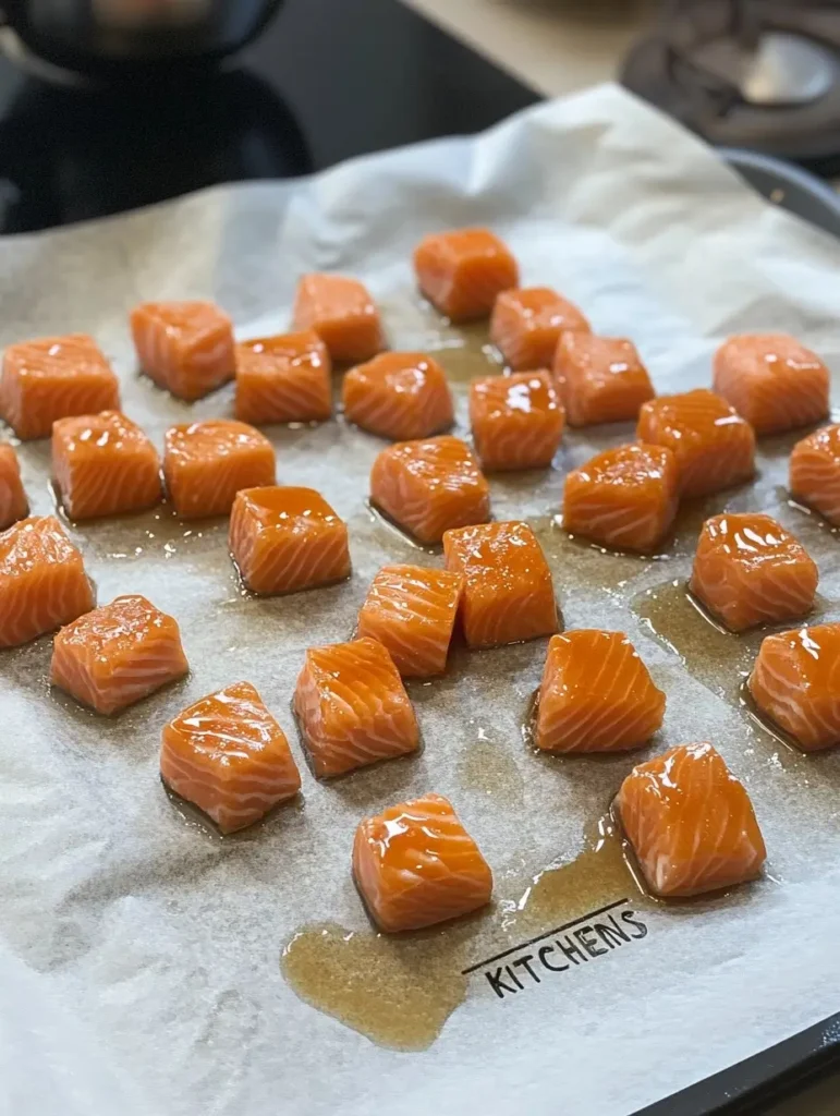 Salmon cubes arranged on parchment paper, marinated in sauce.