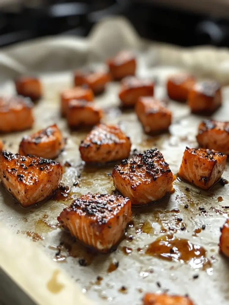 Roasted salmon cubes with crispy edges on parchment paper.