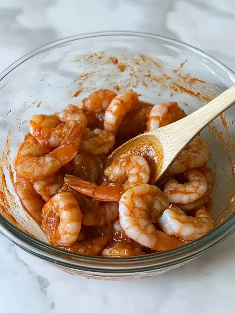 Shrimp marinated in a spice mixture with a wooden spoon in a glass bowl.