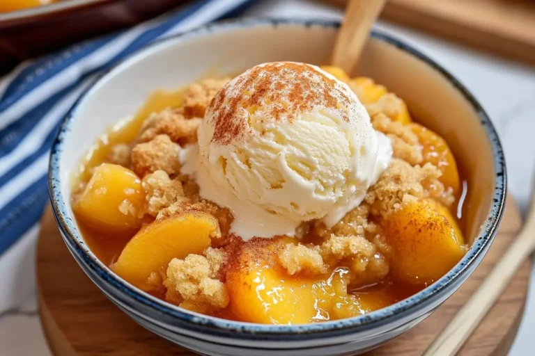 Peach cobbler with cake mix topped with vanilla ice cream and a sprinkle of cinnamon.