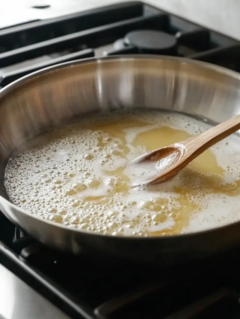 Butter and garlic simmering in a pan with a wooden spoon.