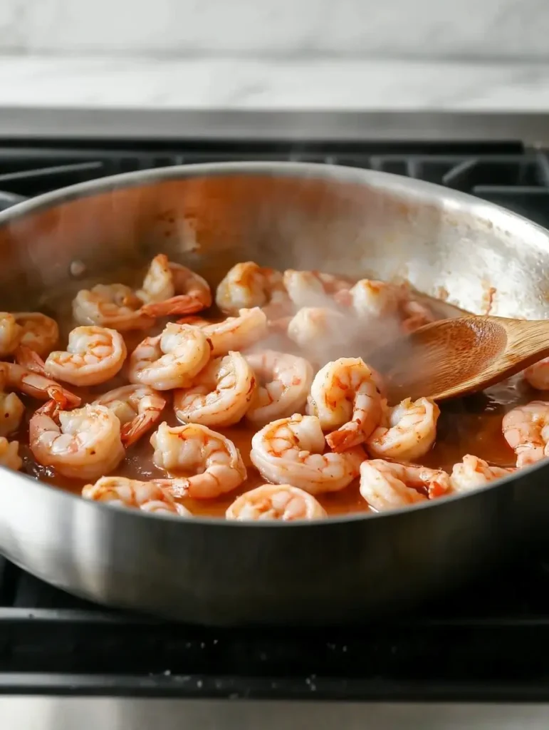 Shrimp cooking in a pan with sauce, stirred with a wooden spoon.