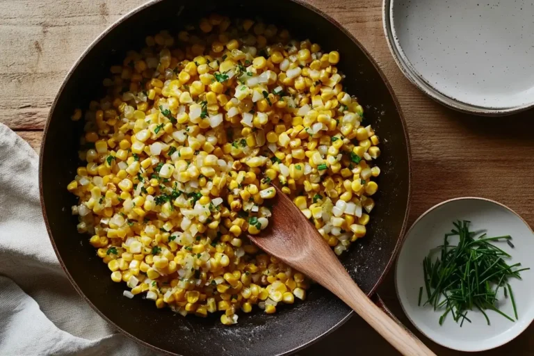 Skillet of fried corn with onions and herbs, served with a side of fresh chives.