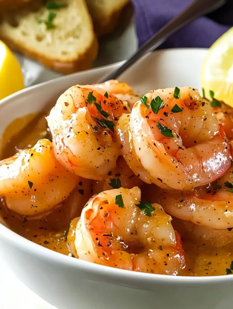 Shrimp in a savory sauce with parsley garnish, lemon, and bread slices on the side.