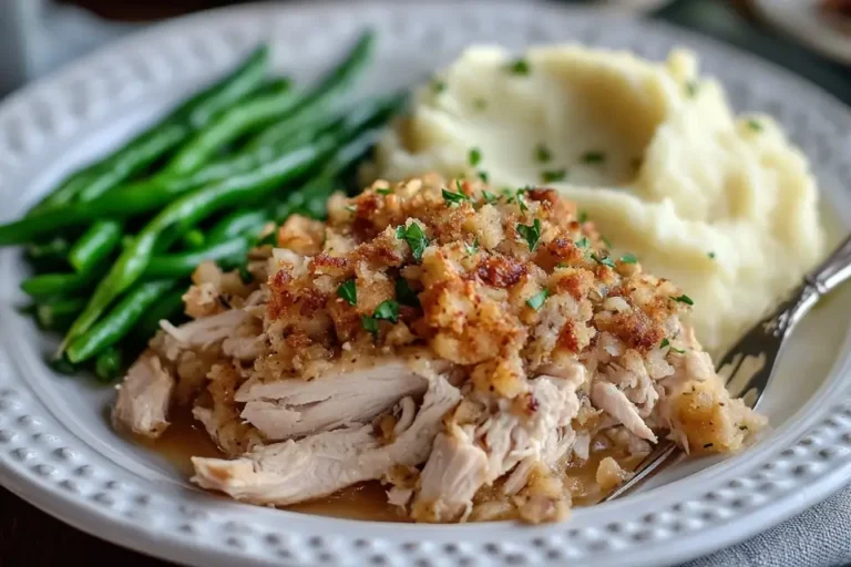 Plate of chicken with dressing, mashed potatoes, and green beans.