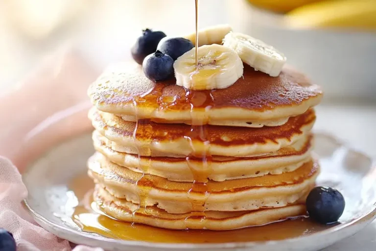Stack of pancakes topped with banana slices and blueberries, drizzled with syrup.