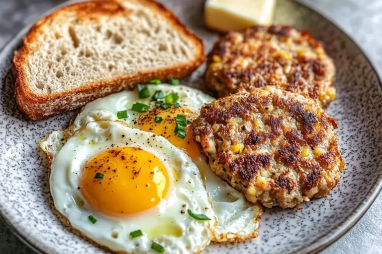 Plate of breakfast with two sunny-side-up eggs, two chicken apple sausages, and a slice of toasted bread with butter