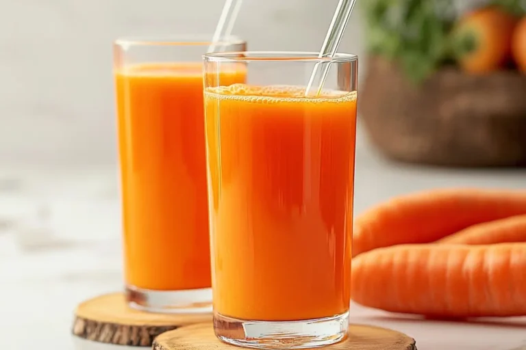 Fresh carrot juice served in clear glasses with a wooden base, surrounded by fresh carrots.