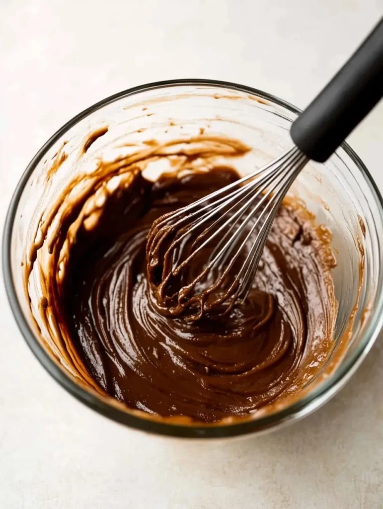 Chocolate batter being whisked in a glass bowl.