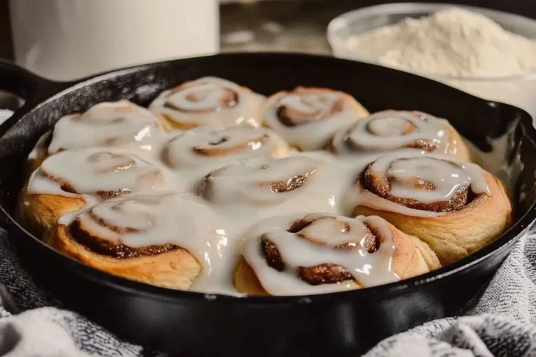 Sourdough cinnamon rolls with glaze in a cast iron skillet
