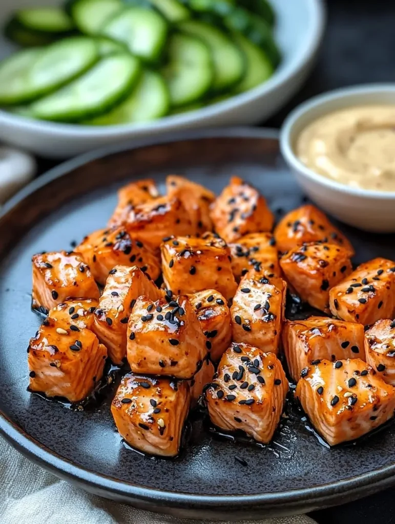 Grilled salmon cubes with black sesame seeds, served with cucumber slices and sauce.