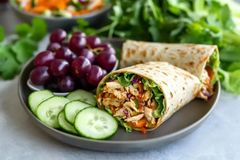 Grilled chicken wrap with cucumber, grapes, and fresh vegetables on a plate.