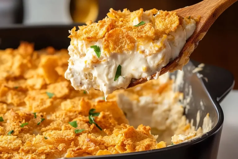 A serving of Million Dollar Chicken Casserole with crispy golden toppings being scooped out.