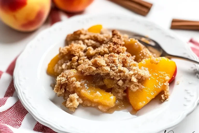 Peach crumble with cinnamon topping on a white plate with fresh peaches in the background.