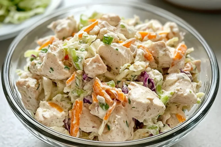 A bowl of creamy 4-ingredient chicken salad with shredded carrots and cabbage.