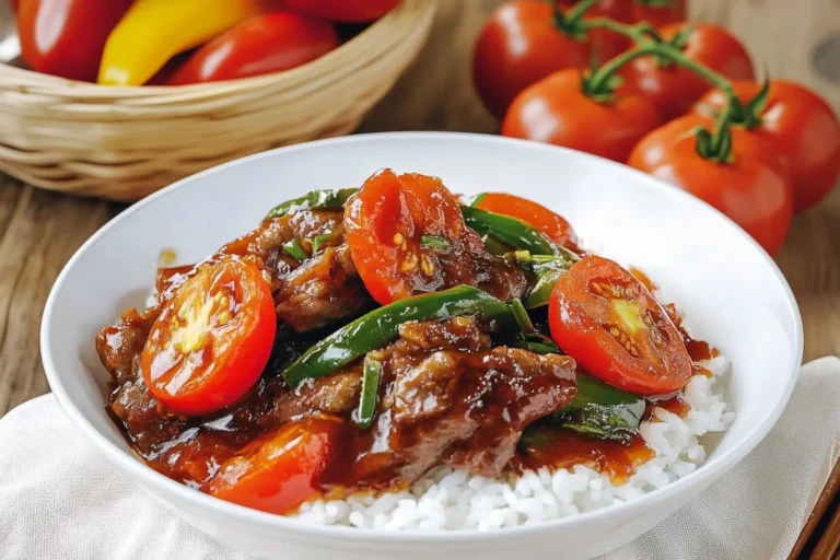 A bowl of beef with tomatoes and green peppers served on white rice.