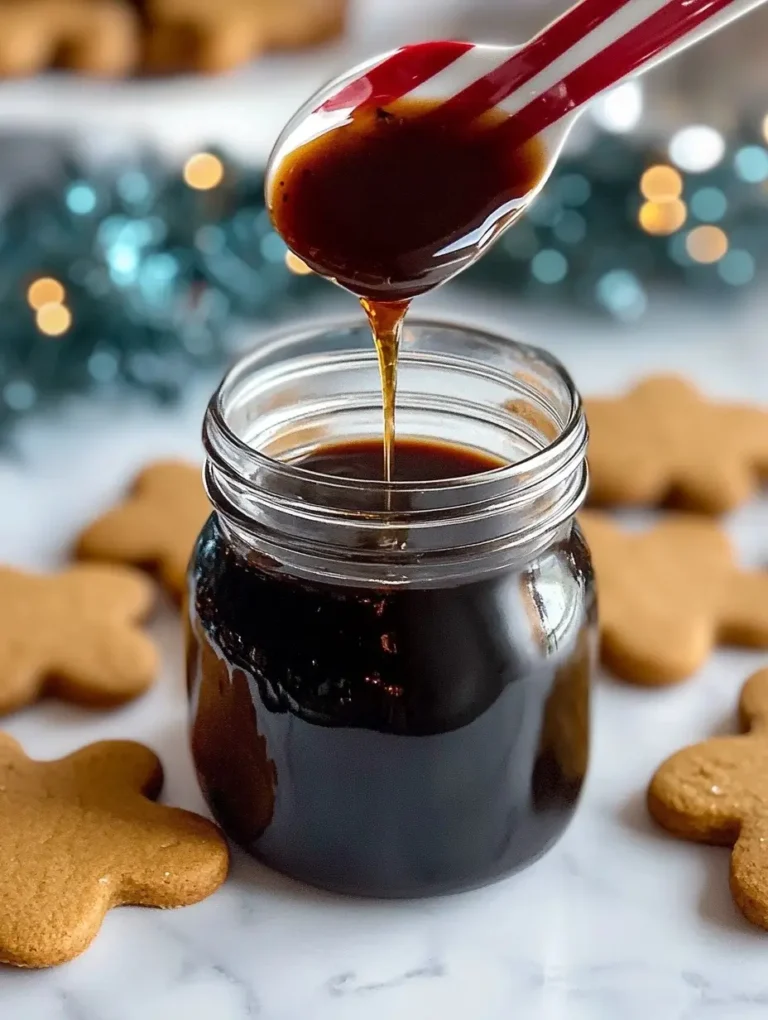 Pouring homemade gingerbread syrup into a jar with gingerbread cookies nearby.