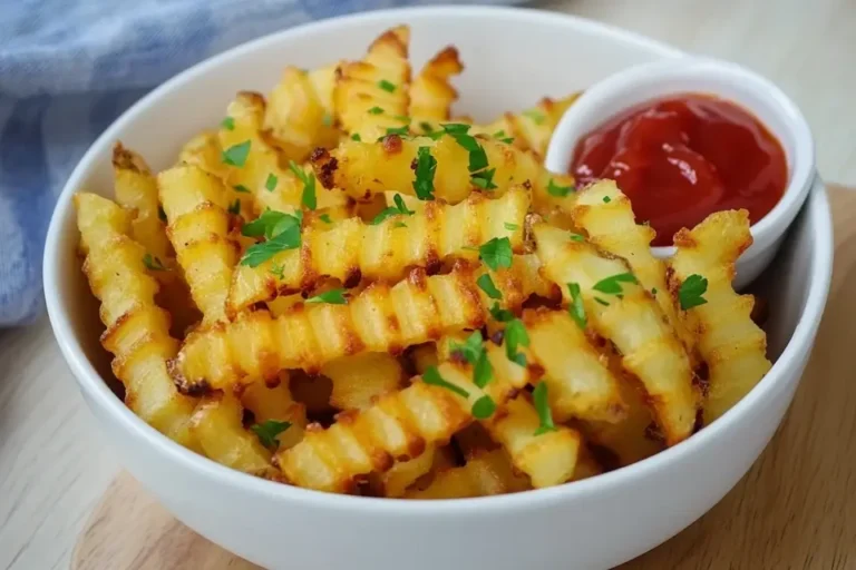 Crinkle cut fries served with ketchup and garnished with fresh parsley.