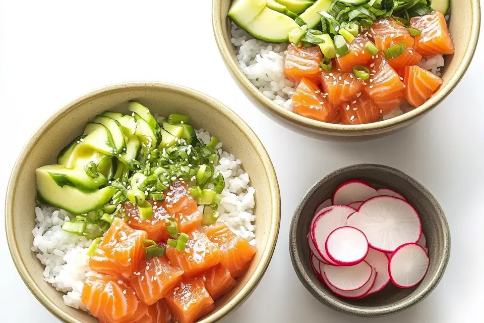 Salmon poke bowls with cucumber, green onions, and radishes