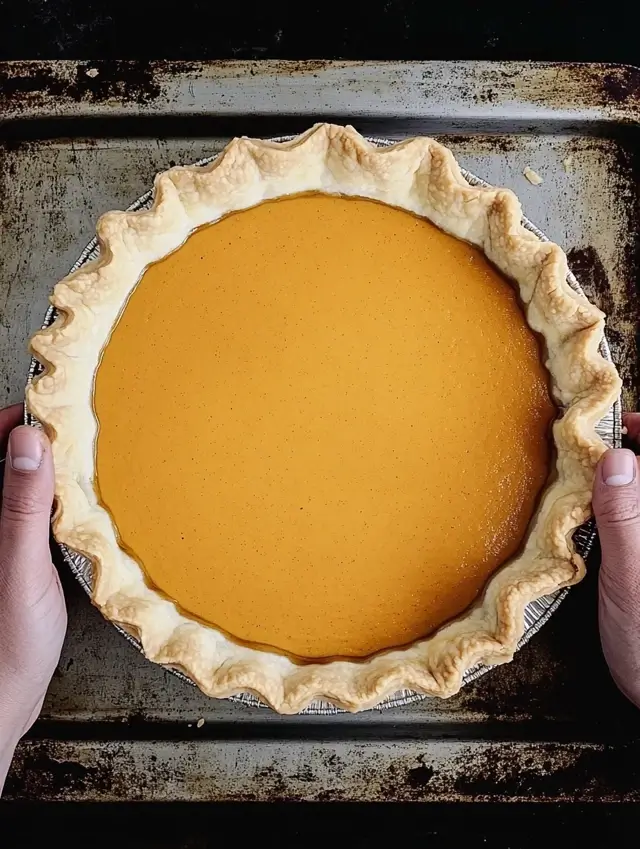 Holding a freshly baked pumpkin pie on a baking sheet.