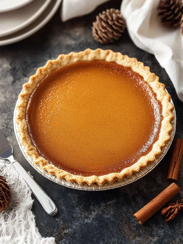 Whole pumpkin pie with a golden crust on a dark surface.