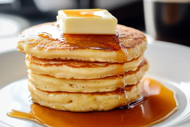 Stack of pancakes with butter and syrup on a plate.