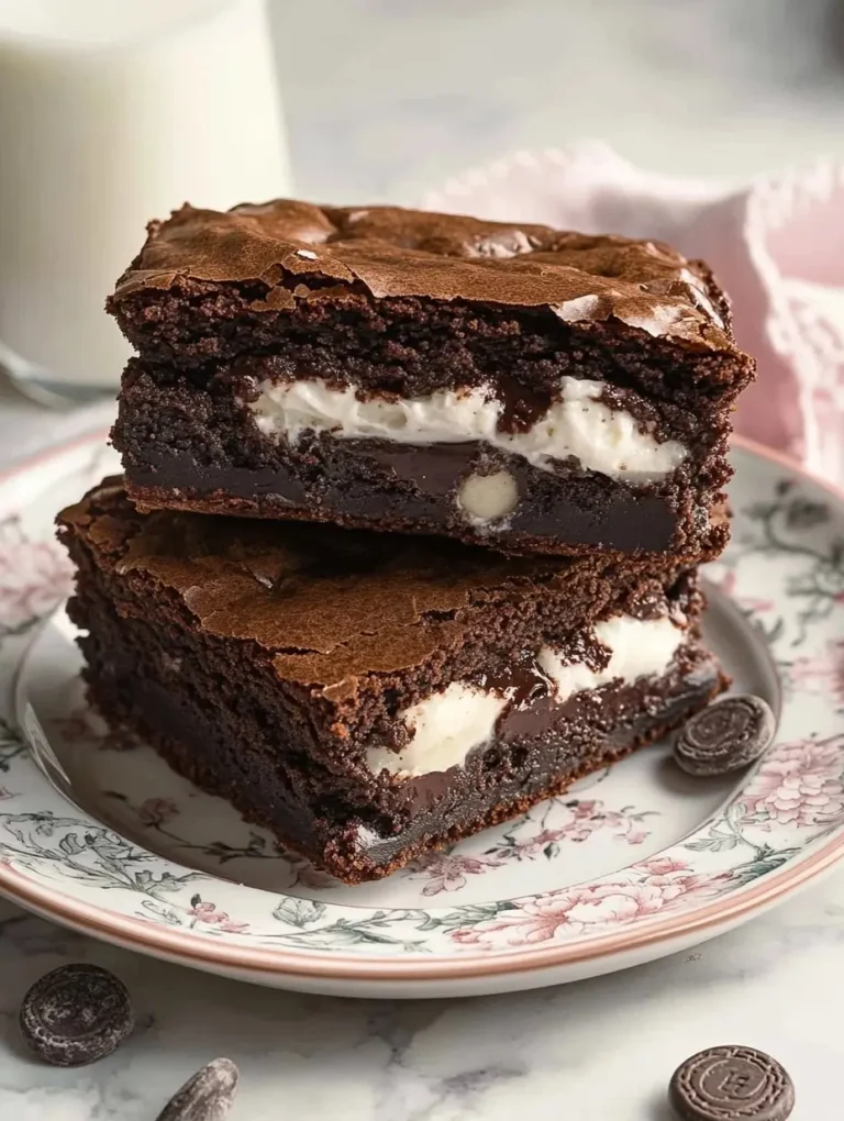 slutty brownies stacked on a floral plate, showcasing the gooey chocolate and creamy filling inside.